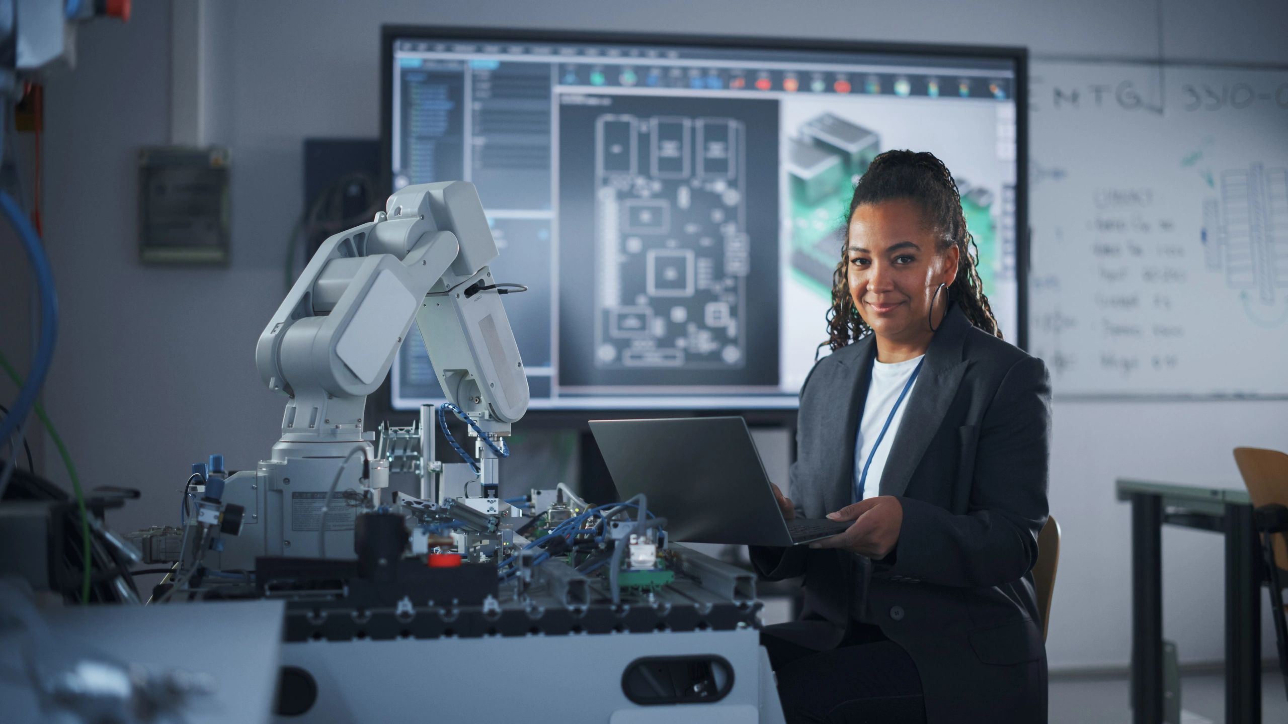Developer working with a robotic arm representing robotics and automation